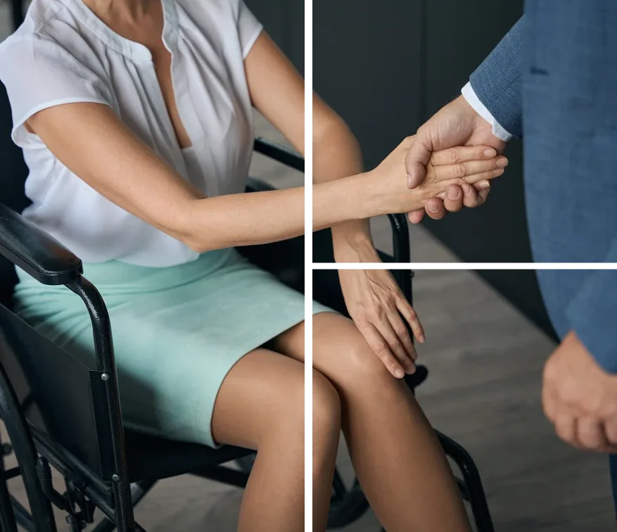 Caregiver assisting patient’s leg during rehab therapy in a clinical setting with supervision