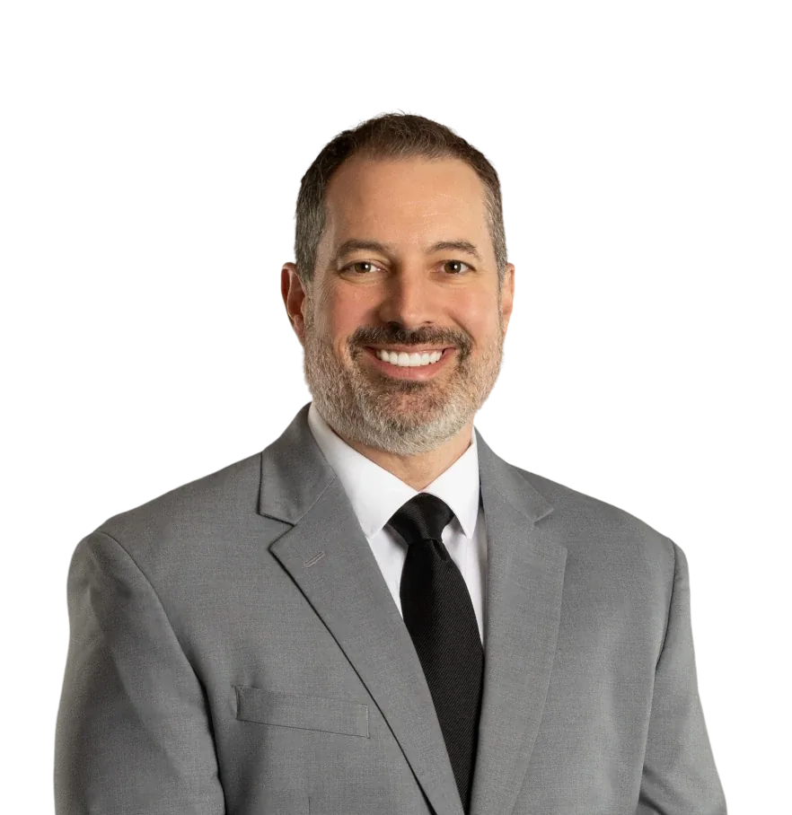 Smiling Man Studio Headshot in Light Gray Suit, White Shirt and Black Tie