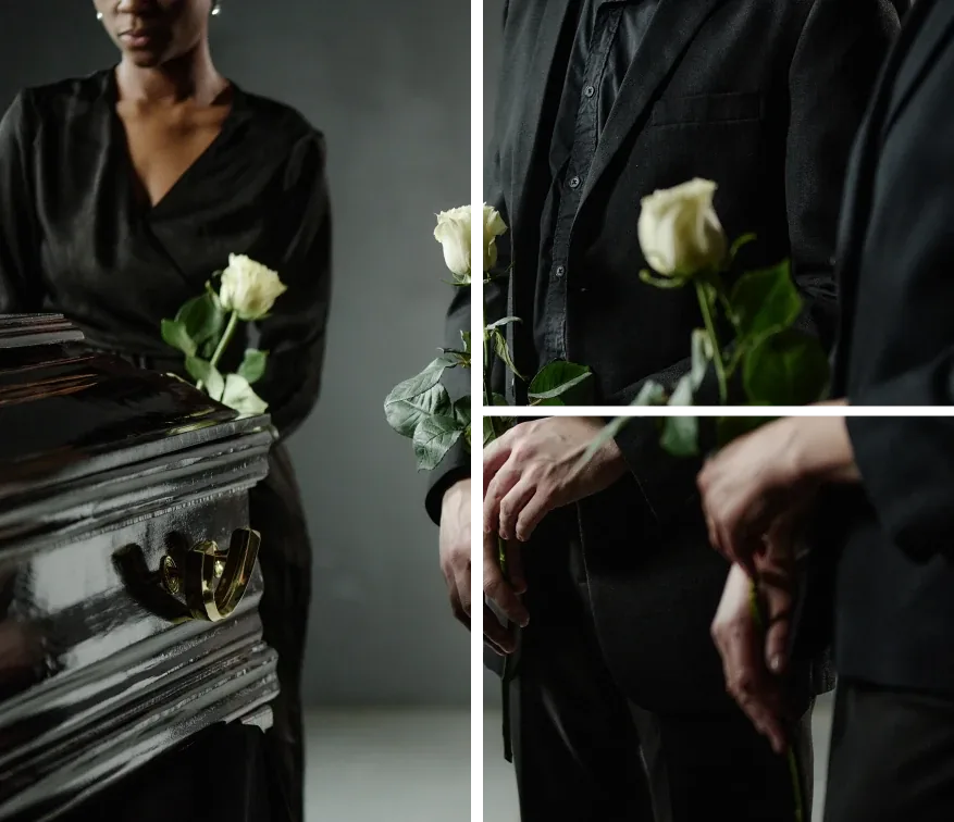 White roses offered at a dim indoor union event with stacked packages and dark-clad people