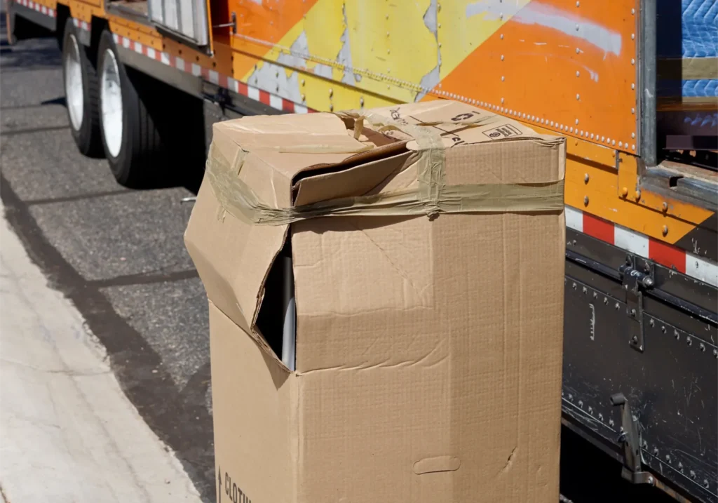 Cardboard boxes stacked near a sunny delivery truck loading area, open flaps visible.