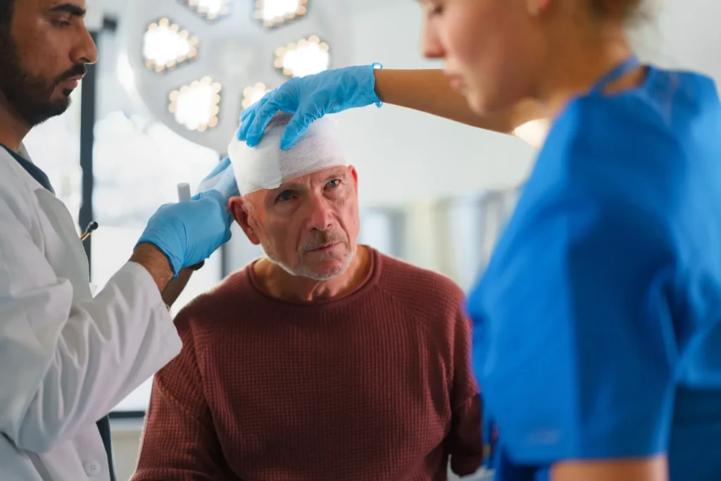 Healthcare team providing careful face care to elderly man in sterile treatment room