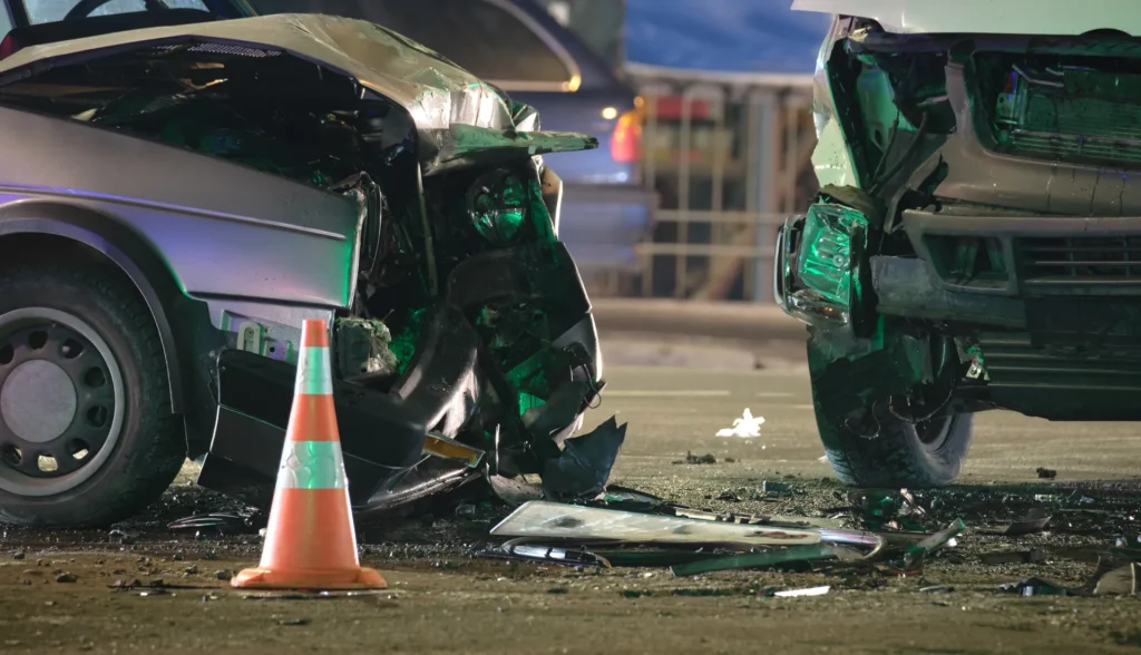 Two collision-damaged cars with scattered debris during roadside accident investigation