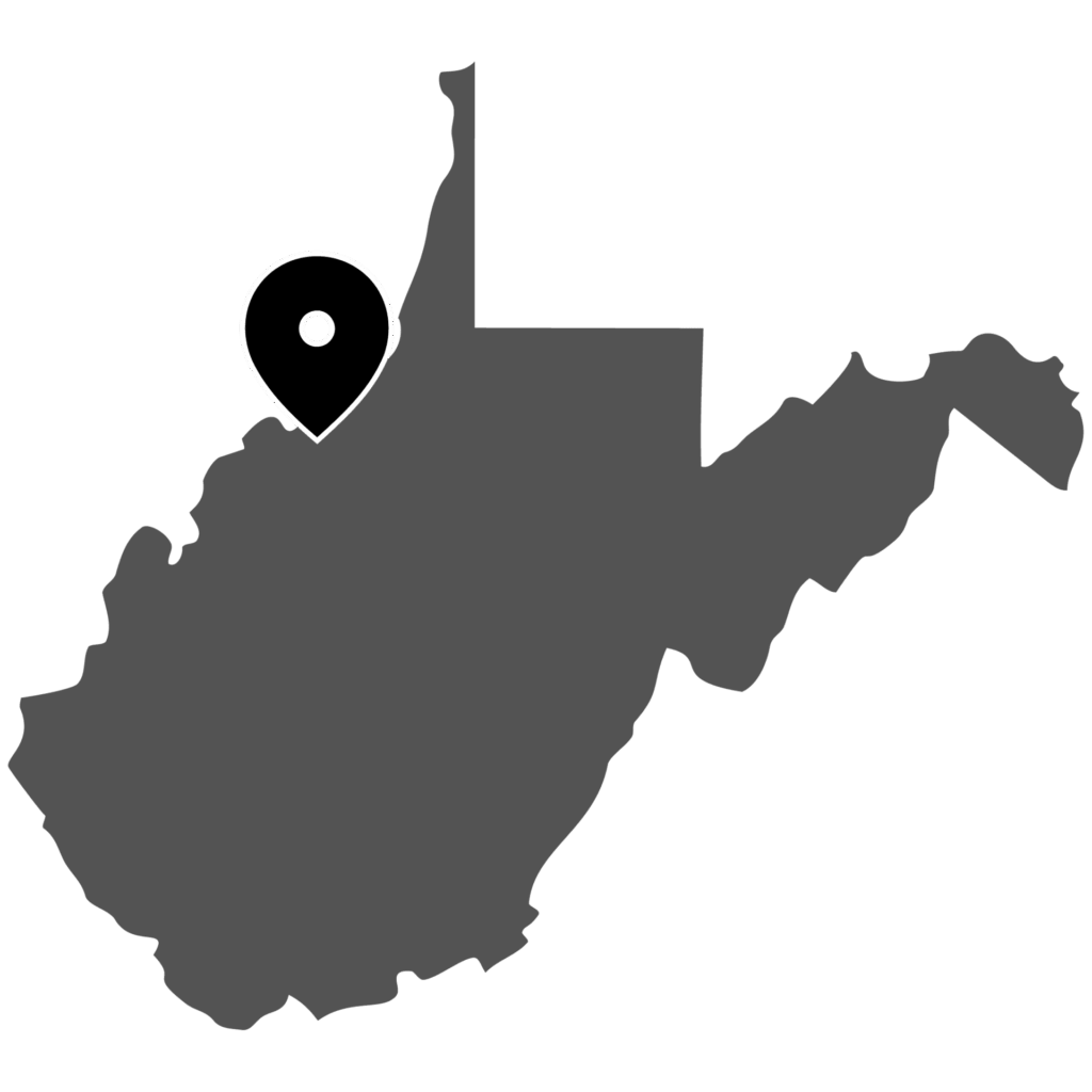 Pleasants County map silhouette with circular location marker, dark gray background