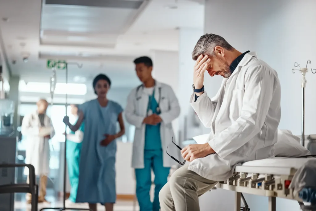 Stressed senior doctor with headache in busy hospital clinic as staff observe nearby