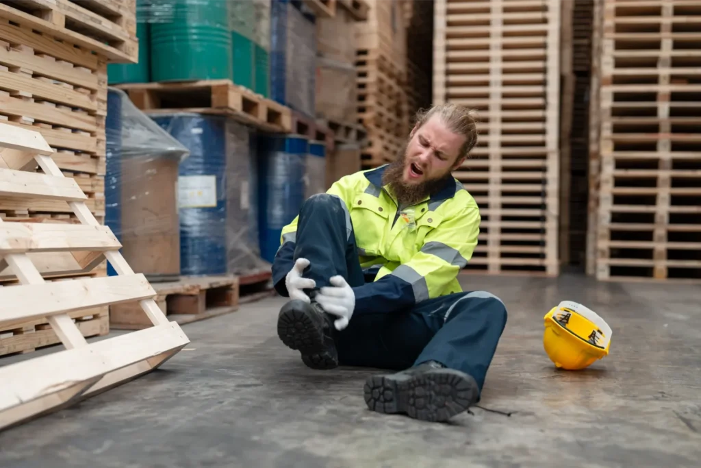 Warehouse worker inspects handheld tool while sitting on concrete floor in industrial facility