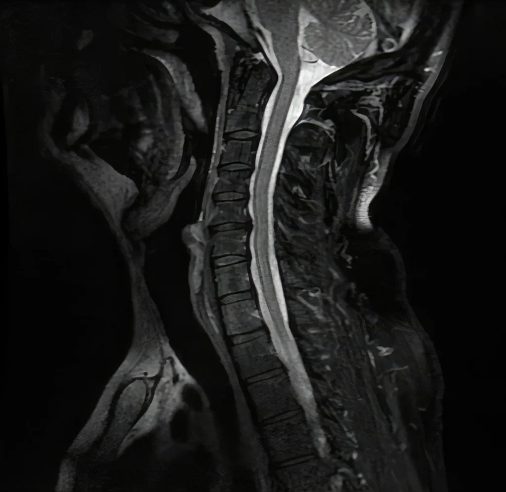 Cervical spine X-ray style MRI scan showing vertebrae, spinal canal, and surrounding tissues