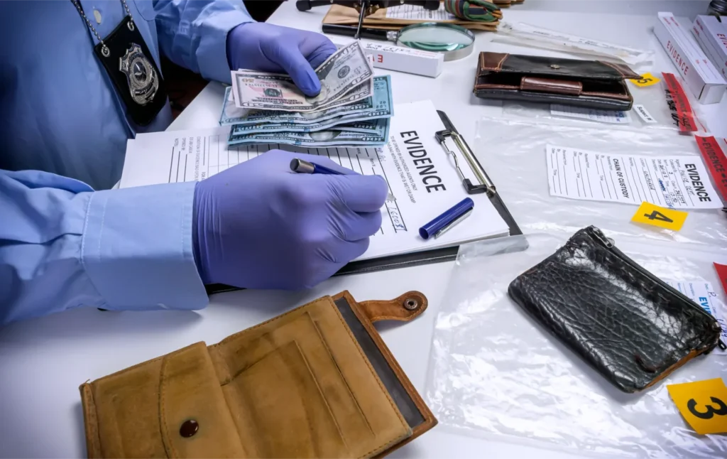 Gloved investigator inspects banknote records and documents on a lab-style workbench.