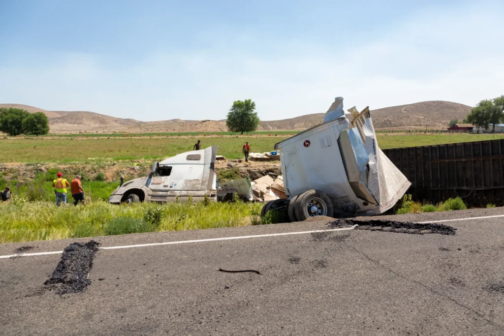 Overturned big rig truck on rural roadside accident, with damaged vehicles, debris, and onlookers nearby