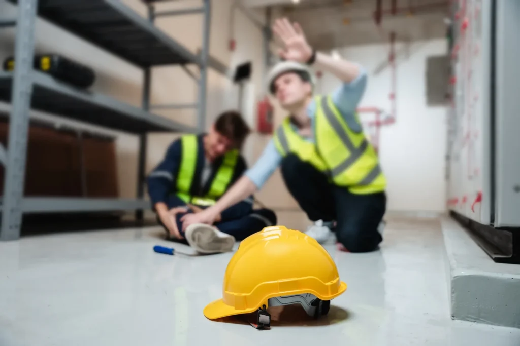 Workplace safety team inspects yellow protective cone in warehouse with helmets and high visibility gear.